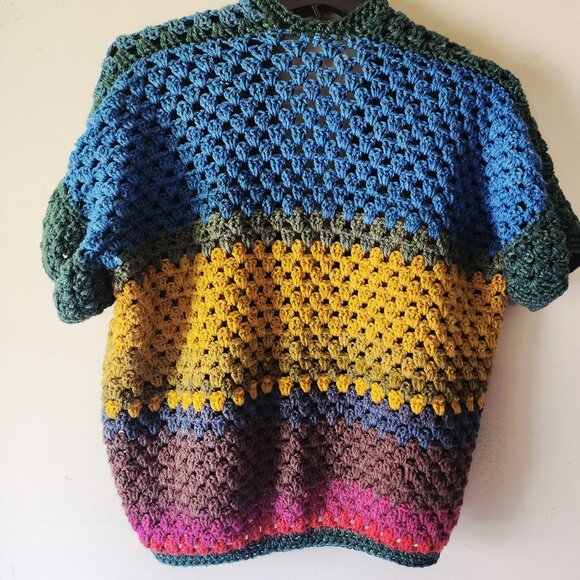 Handmade Colorful Crochet Short Flutter Sleeve Cardigan OS| Artsy Boho Eclectic - Picture 2 of 10